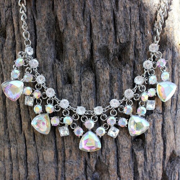 Aurora Borealis Ab Crystal Bib Triangular Round Curb Chain Evening Necklace Set - Picture 6 of 6